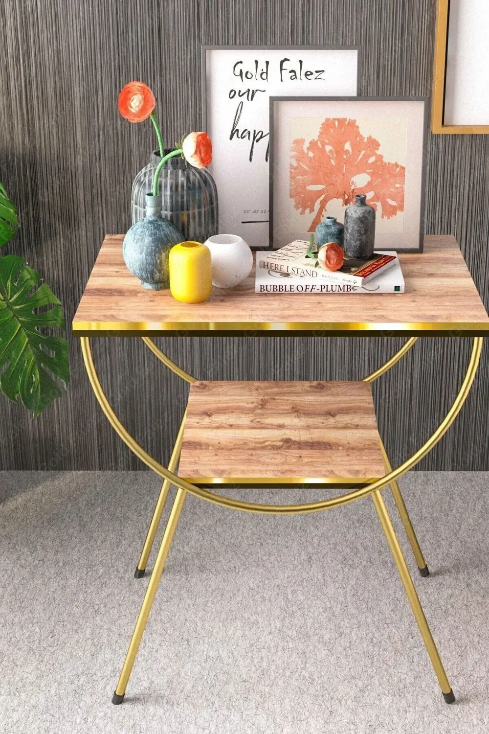 Yan Sehpa Komodin Metal Ayak Çift Gold Ceviz