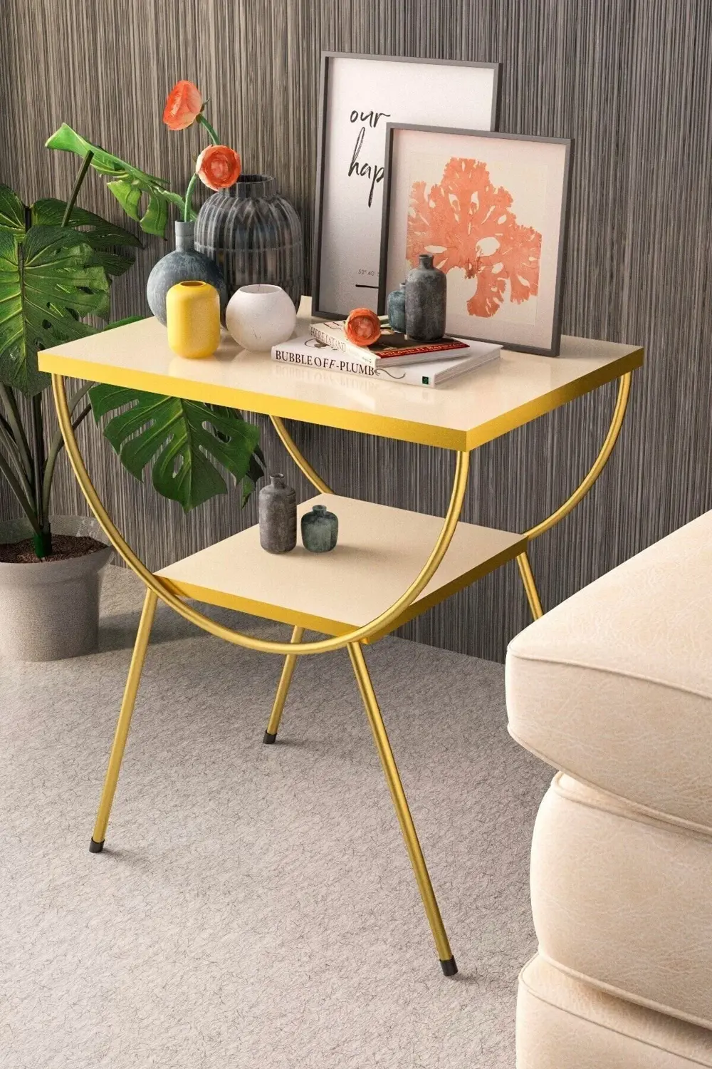 Yan Sehpa Komodin Metal Ayak Gold Krem Tv Ünitesi Yanında Kullanı