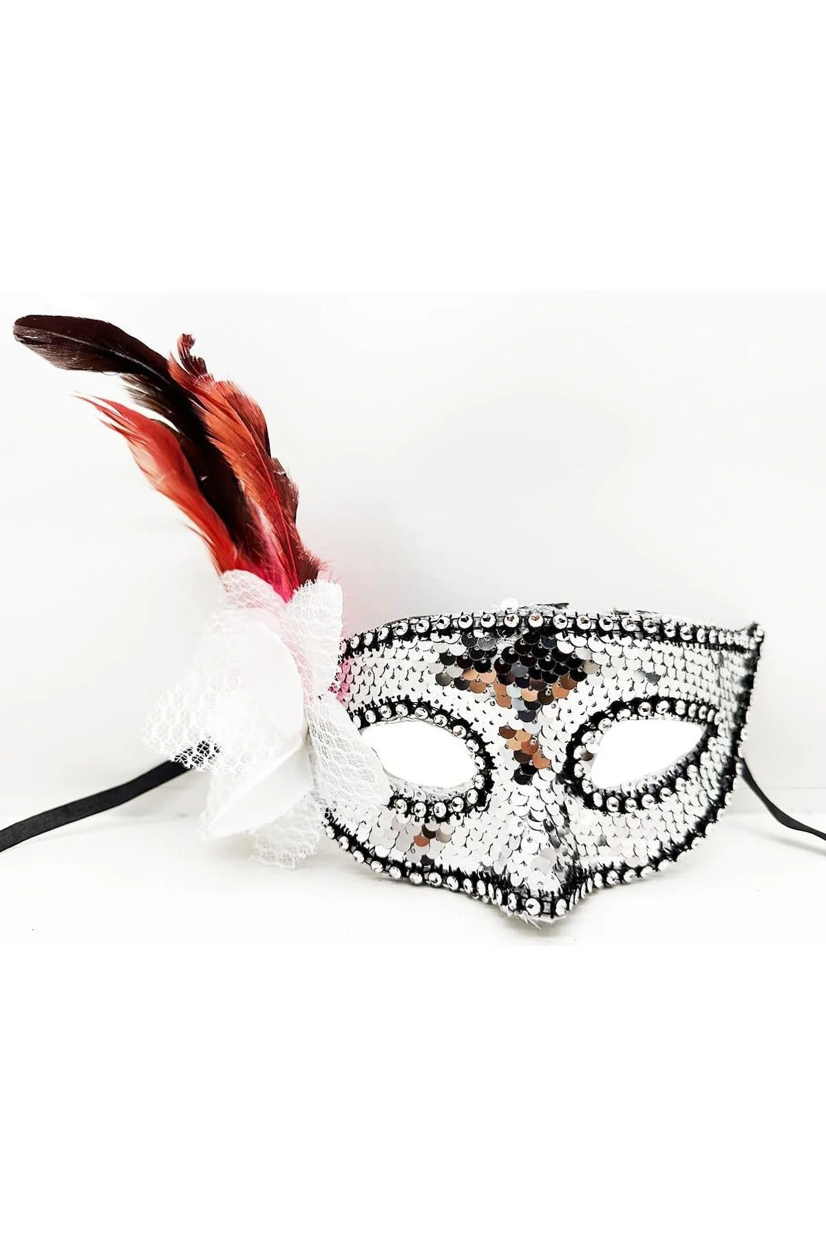 Yandan Tüylü Güllü Taşlı Pullu Maske 20X22 Cm