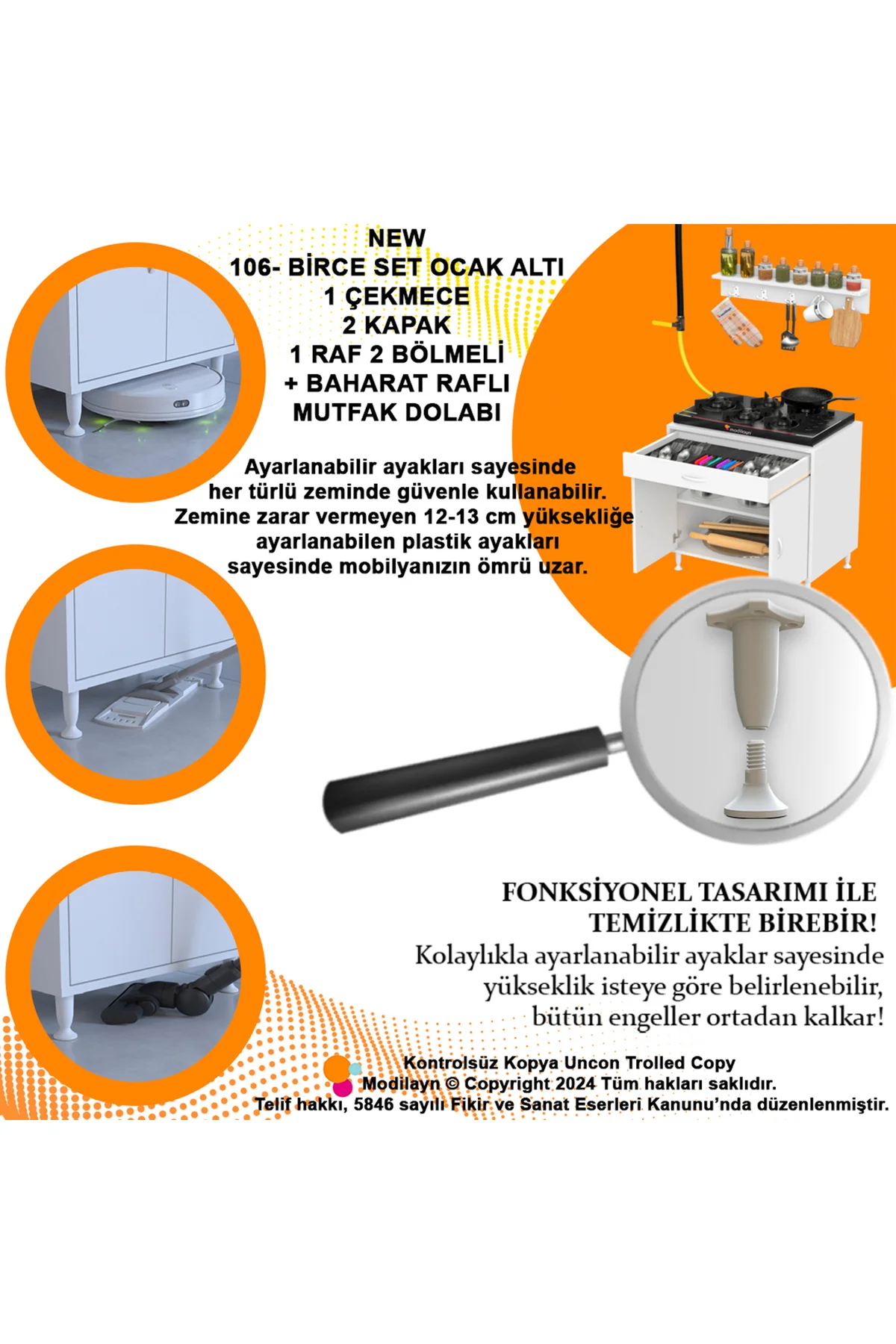 Yankı 56 cm Derinlik 80 cm Genişlikte Dolap Baharat Raflı Set Üst