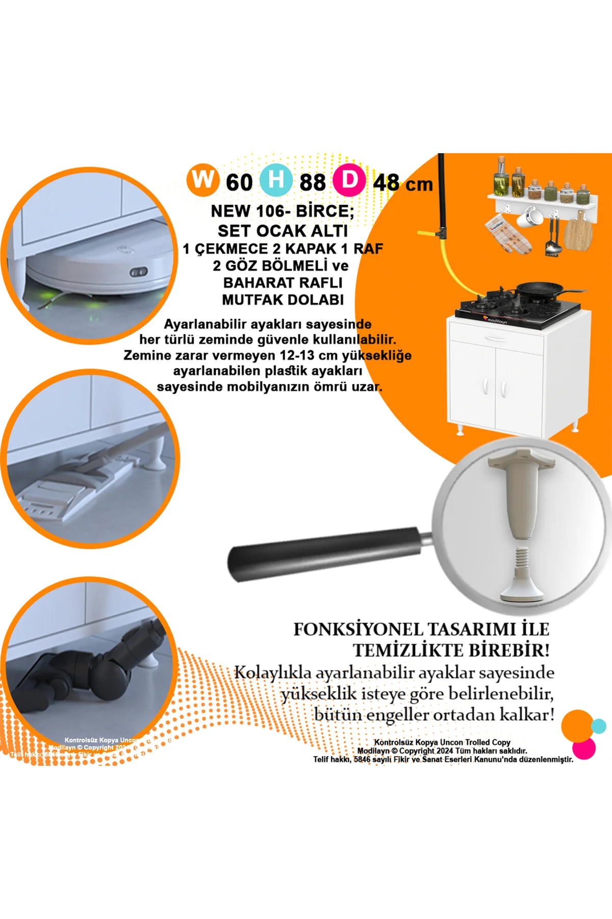 Yankı 56 cm Derinlik 60 cm Genişlikte Dolap Baharat Raflı Set Üst