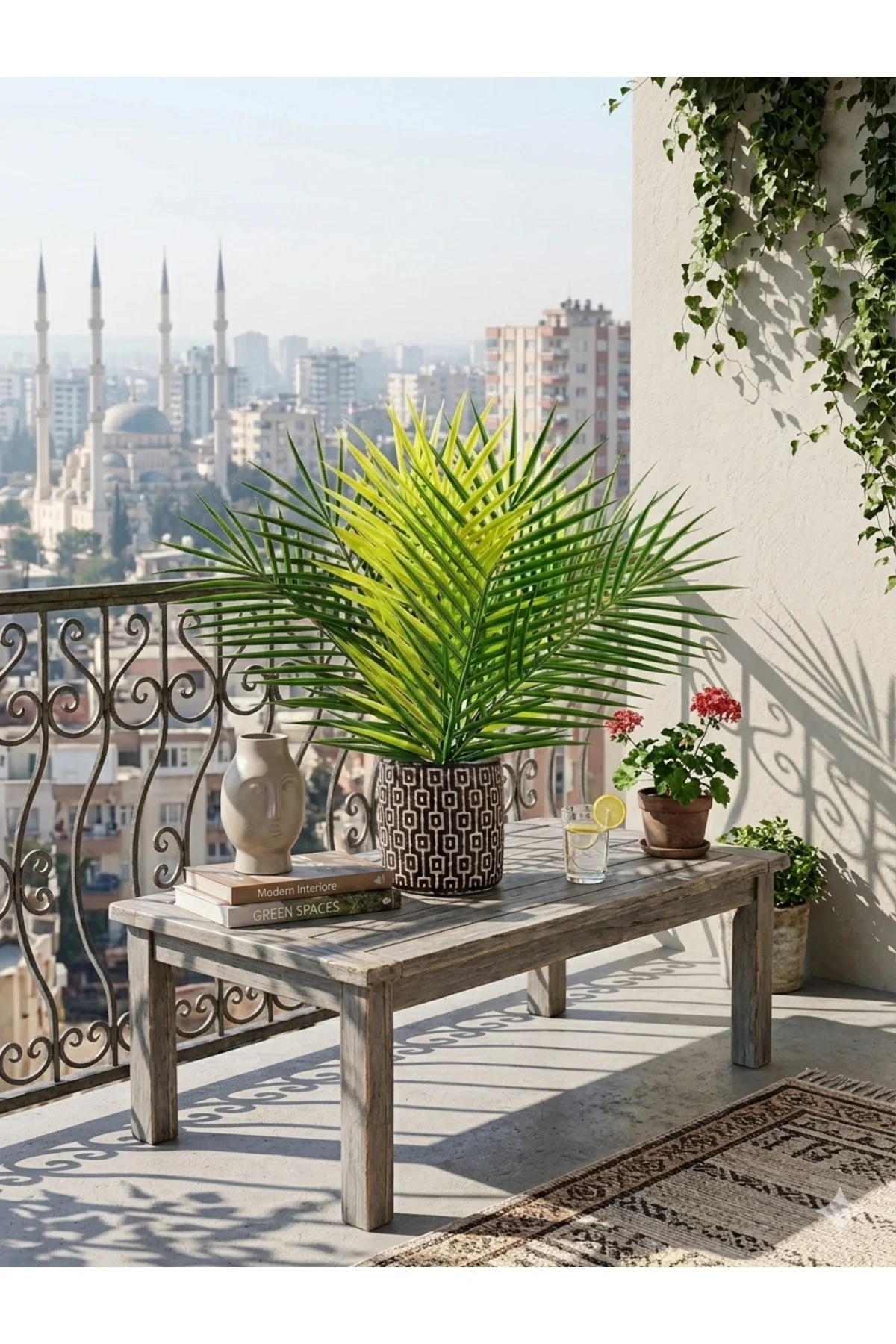 Yapay Areka Palmiye Ağacı 45 cm Geometrik Desenli Siyah Beyaz Sak