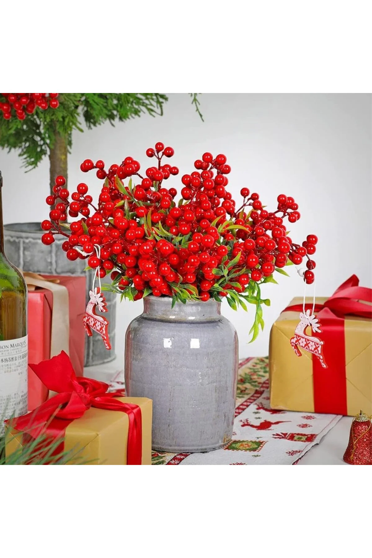 Yapay Çiçek Kokina 3 Dal lı Demet 20 * 15cm Yılbaşı Çiçeği Red Berry