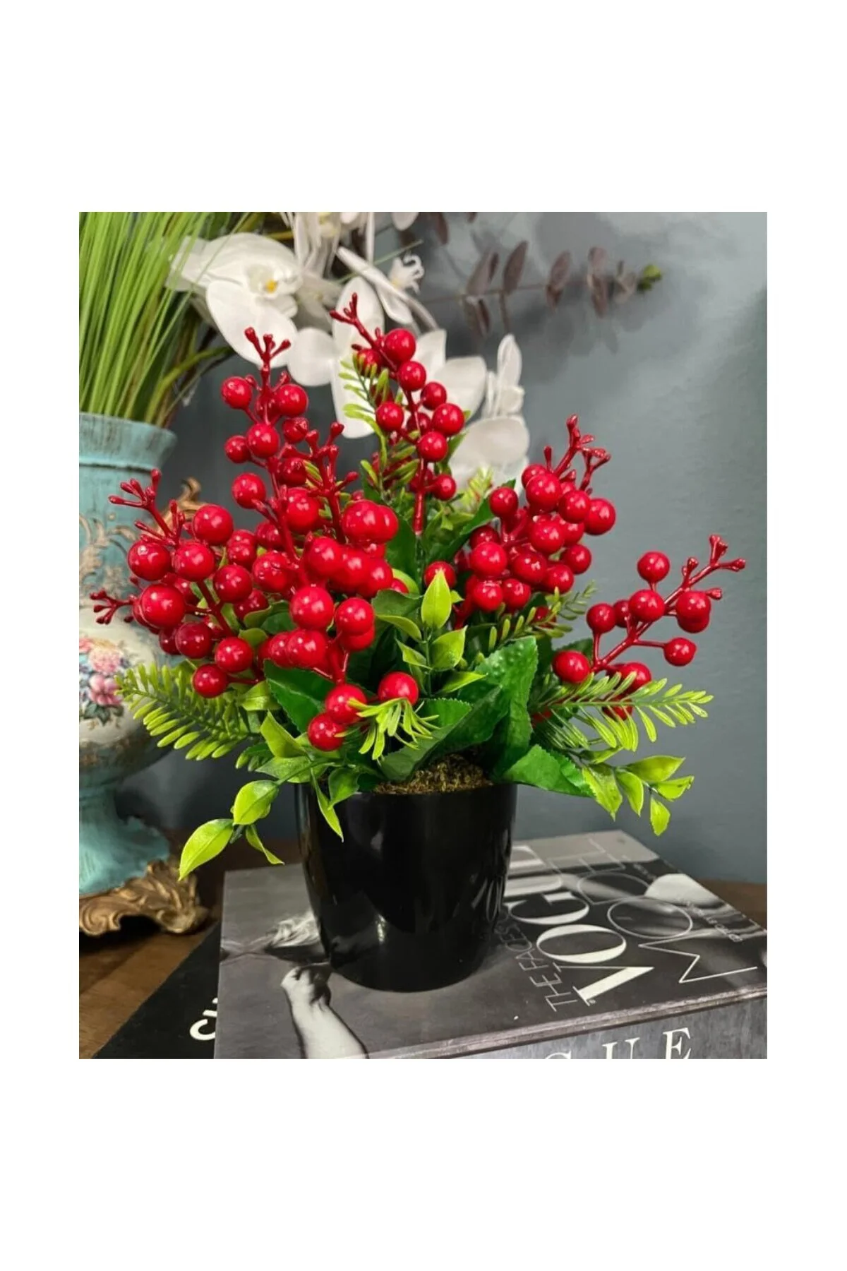 Yapay Çiçek Yılbaşı Çiçeği Kırmızı Kokina Siyah Saksıda 14 Dal 30 * 25cm