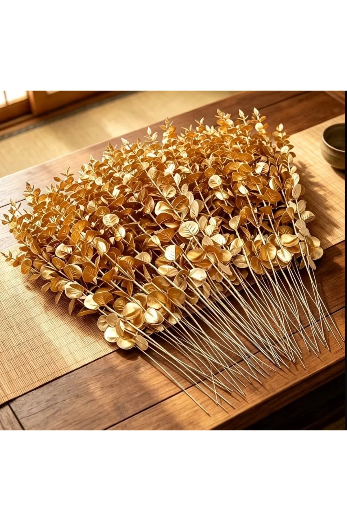 Yapay Gold Okaliptus Dalı 25 Adet (38 cm) – Altın Sarısı Yapay Yaprak Vazo Aranjman Süsü