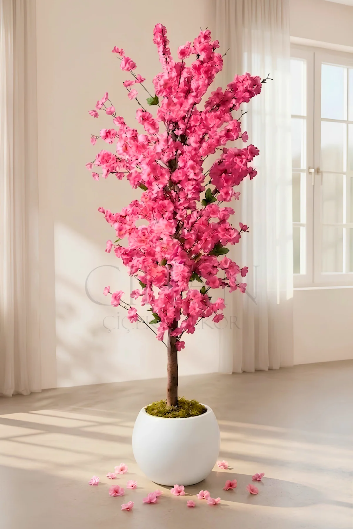 Yapay Pembe Bahar Dalı Ağacı 160 cm - Beyaz Küre Saksılı
