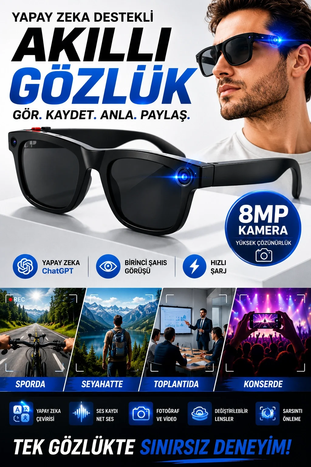 Yapay Zeka Çevirili 8MP Kameralı Akıllı Gözlük Birinci Şahıs Görü