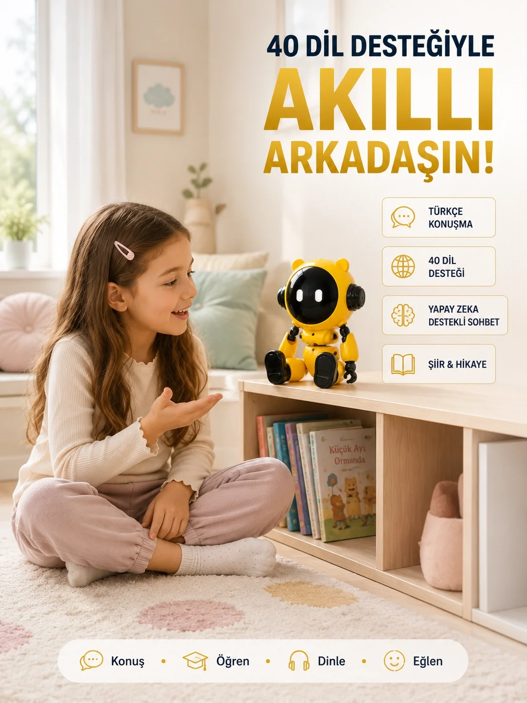 Yapay Zeka Çocuk Robotu Türkçe İngilizce Matematik Fen Ders Desteği Hikaye ve Şiir Özellikli