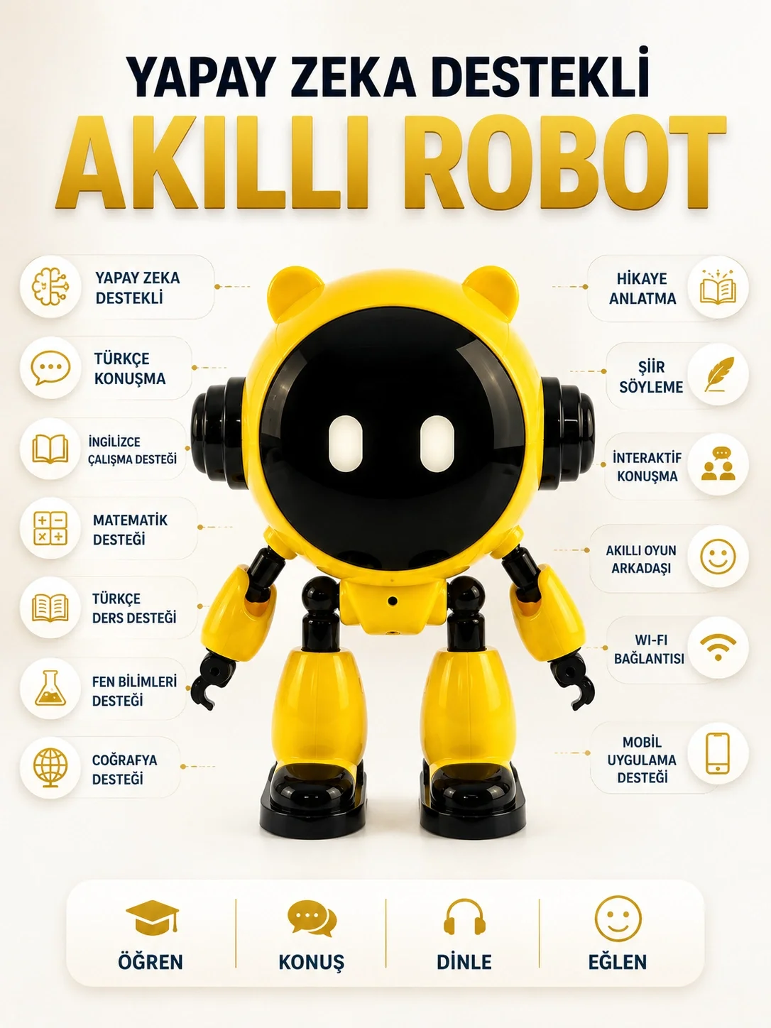 Yapay Zeka Çocuk Robotu Türkçe İngilizce Matematik Fen Ders Desteği Hikaye ve Şiir Özellikli