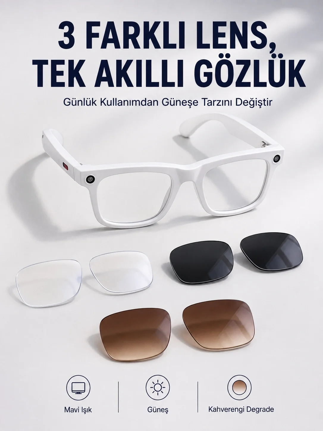 Yapay Zeka Destekli Akıllı Gözlük Dahili Kameralı Bluetooth Müzik ve Arama Özellikli Ses Kontrollü Değiştirilebilir Lensli Yapay Zeka Destekli Akıllı Gözlük Dahili Kameralı Bluetooth Müzik ve Arama Özellikli Ses Kontrollü Değiştirilebilir Lensli