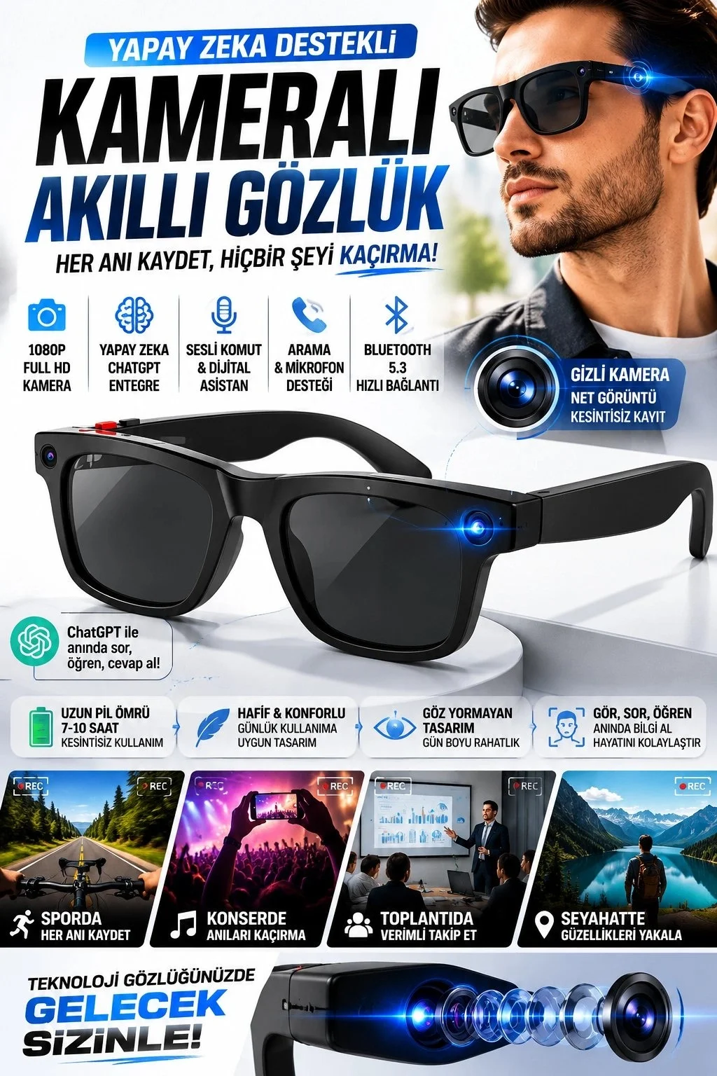 Yapay Zeka Destekli Kameralı Akıllı Gözlük 8MP Kamera ChatGPT Çeviri Ses Kayıt Özellikli
