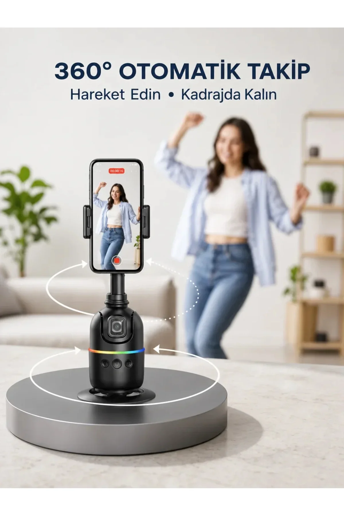 Yapay Zeka Destekli Yüz Takip Özellikli 360 Derece Dönen Masaüstü Telefon Sabitleyici Yeni Nesil