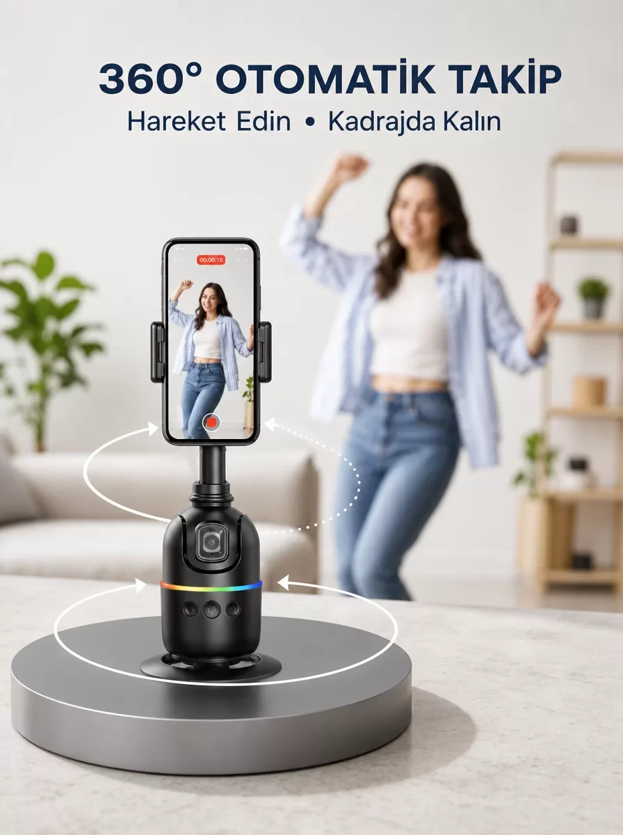 Yapay Zeka Destekli 360 Derece Dönen Masaüstü Telefon Sabitleyici - Akıllı Yüz Takipli Gimbal Stand