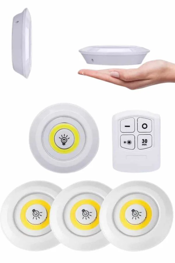 Yapışkanlı 3'lü Spot Led Işık Lamba Montajsız Pilli Uzaktan Kumandalı