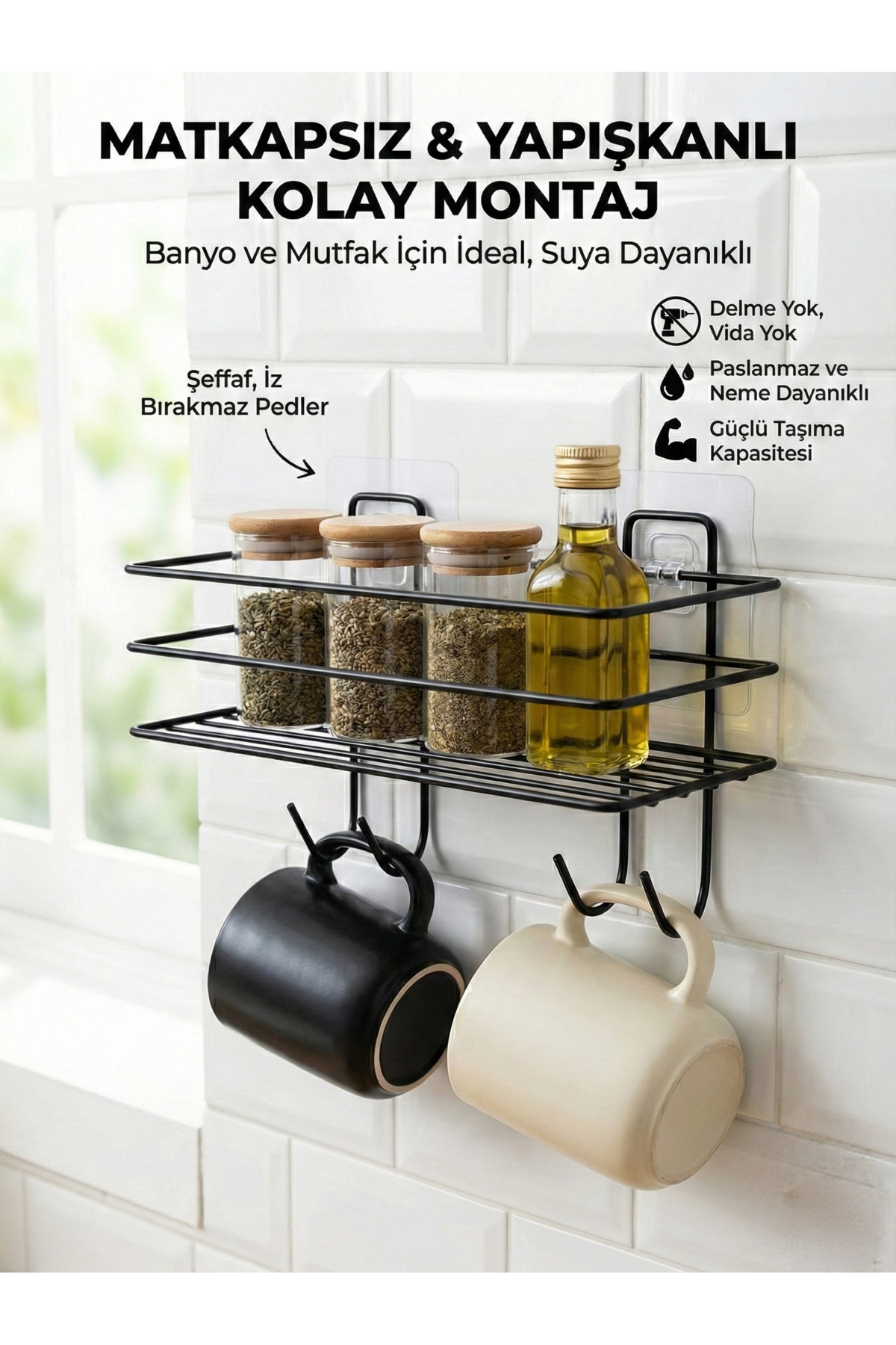 Yapışkanlı Askılı Banyo Mutfak Rafı - Paslanmaz Metal Şampuanlık 