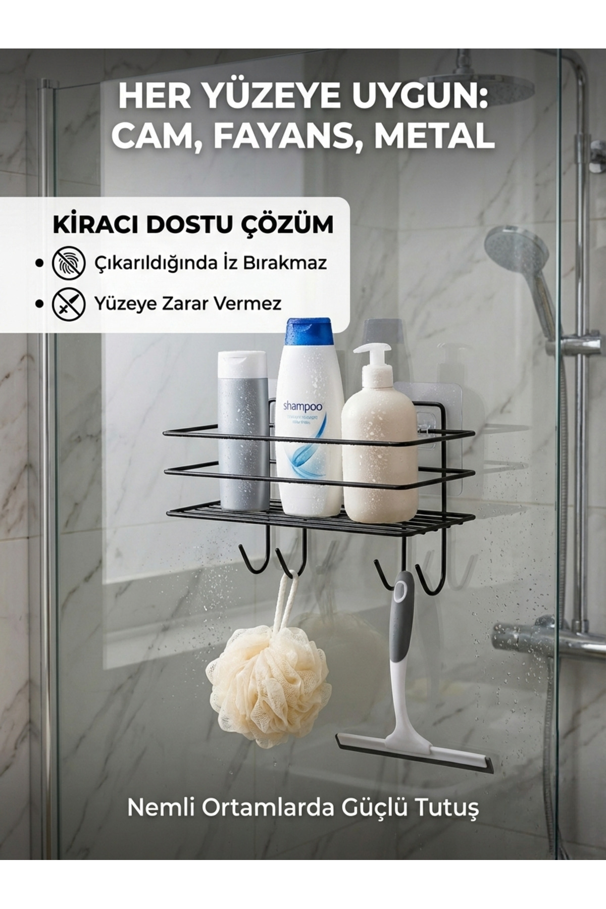 Yapışkanlı Askılı Banyo Mutfak Rafı - Paslanmaz Metal Şampuanlık 