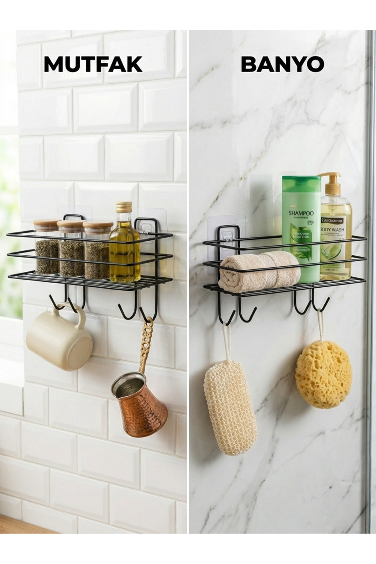 Yapışkanlı Askılı Banyo Mutfak Rafı - Paslanmaz Metal Şampuanlık 