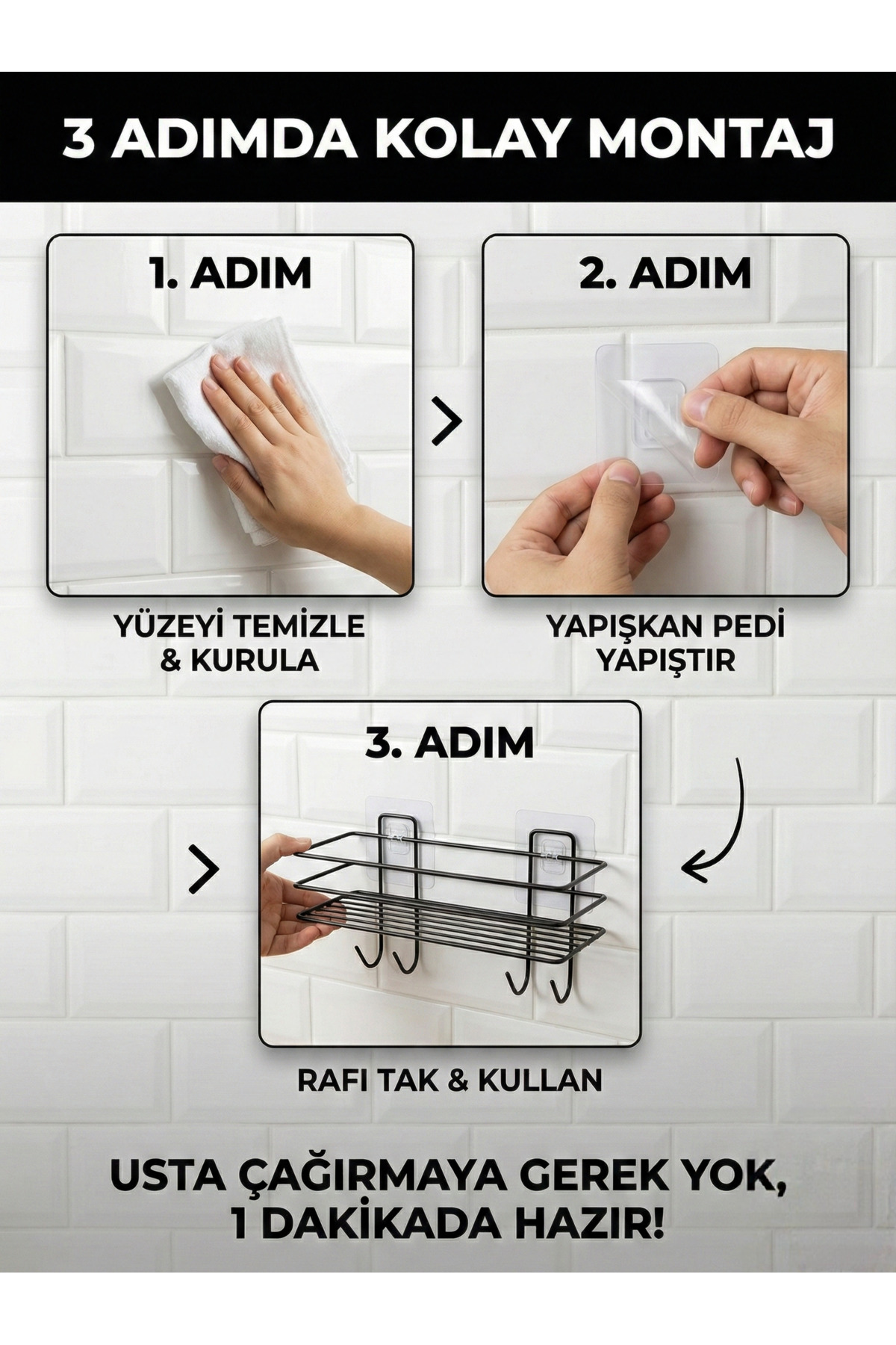Yapışkanlı Askılı Banyo Mutfak Rafı - Paslanmaz Metal Şampuanlık 
