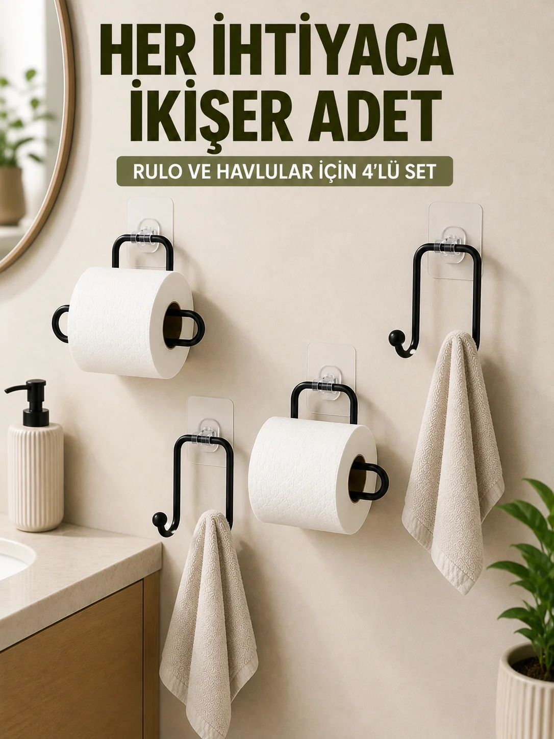 Yapışkanlı Banyo Düzenleme Seti 2 Rulo Tutucu 2 Havlu Askılığı 4 Parça Fiyatı, Yorumları ve Özellikleri