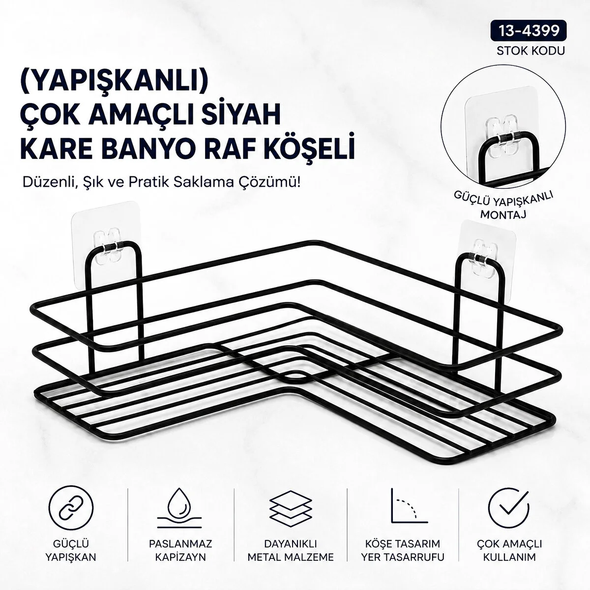 Yapışkanlı Çok Amaçlı Siyah Kare Banyo Raf Köşeli Fiyatı, Yorumları ve Özellikleri