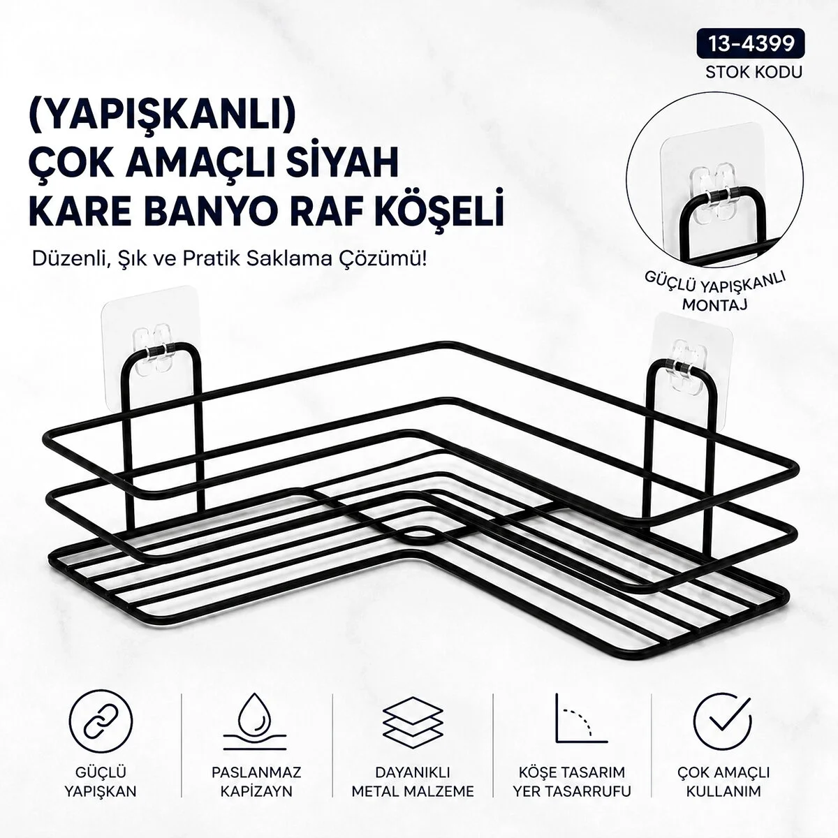 Yapışkanlı Çok Amaçlı Siyah Kare Banyo Raf Köşeli Bx40 Fiyatı, Yorumları ve Özellikleri