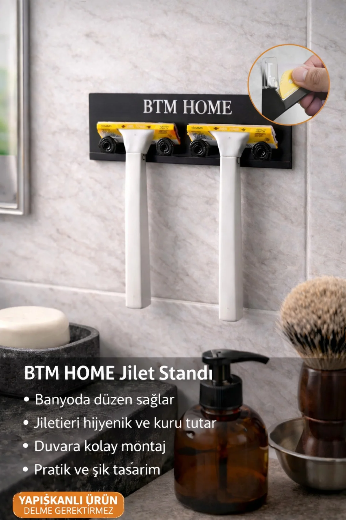 Yapışkanlı Jilet Standı – Delmesiz Banyo Jilet Tutucu Permatik As