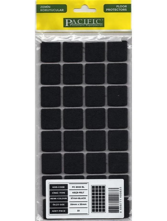 Yapışkanlı Keçe Ped 25x25mm Siyah – Mobilya Koruyucu ve Zemin Koruyucu