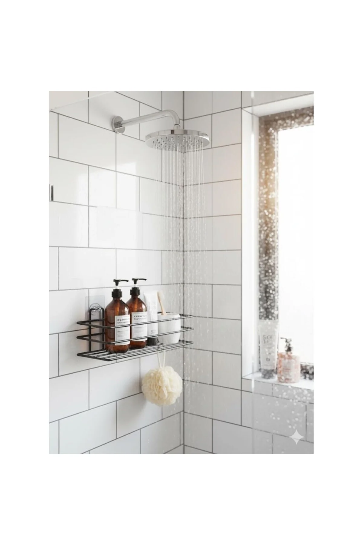 Yapışkanlı Siyah Banyo ve Mutfak Rafı – Tek Katlı Düz Şampuanlık 