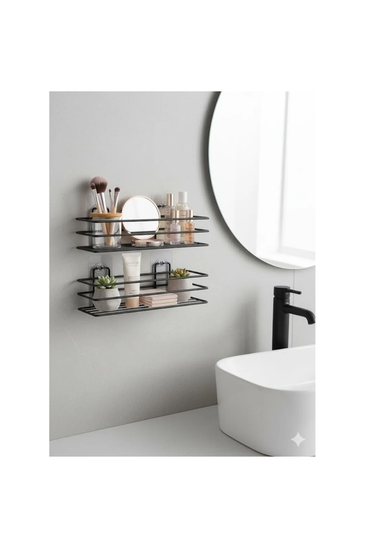 Yapışkanlı Siyah Banyo ve Mutfak Rafı – Tek Katlı Düz Şampuanlık 