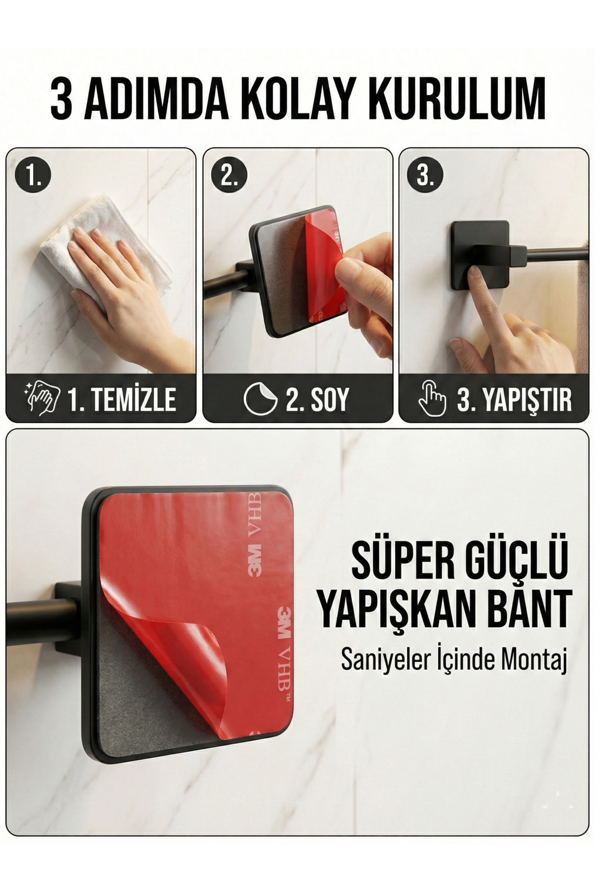 Yapışkanlı Siyah Paslanmaz Metal Banyo Havluluk 38 cm - Modern Ha