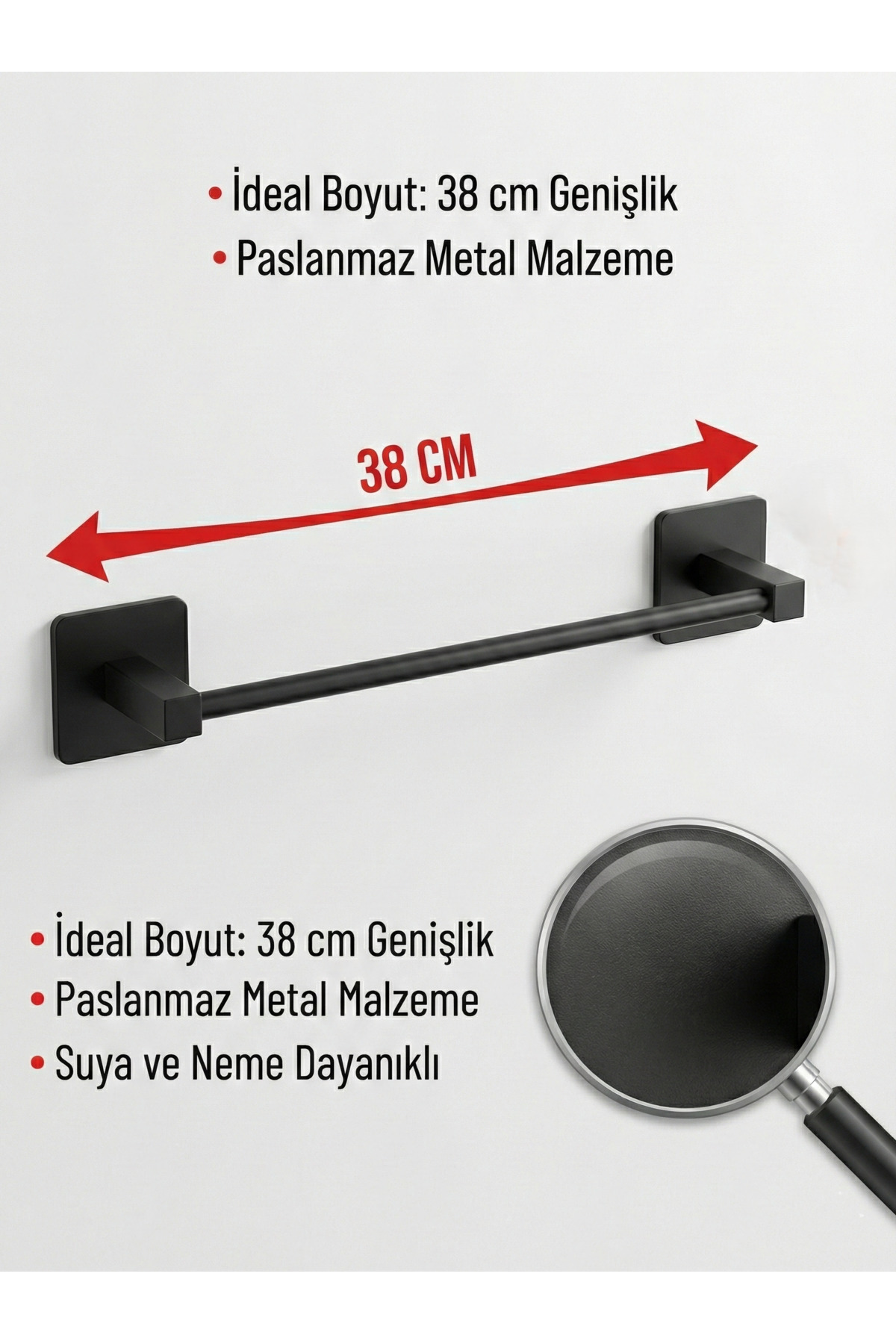 Yapışkanlı Siyah Paslanmaz Metal Banyo Havluluk 38 cm - Modern Ha