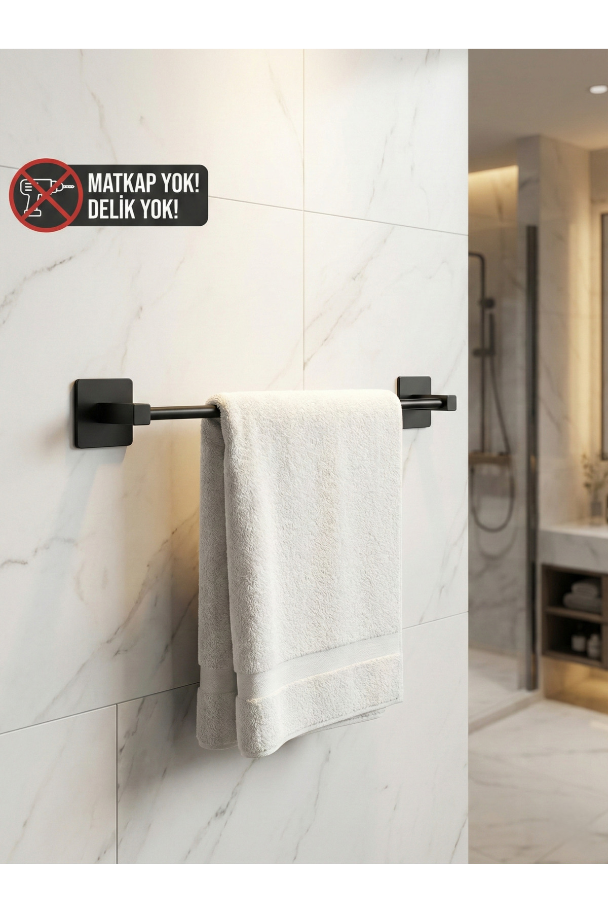 Yapışkanlı Siyah Paslanmaz Metal Banyo Havluluk 38 cm - Modern Ha
