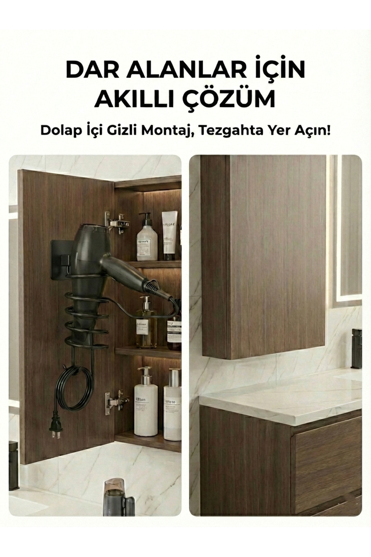 Yapışkanlı Siyah Saç Kurutma Makinesi Askısı - Delmeden Montaj Ka