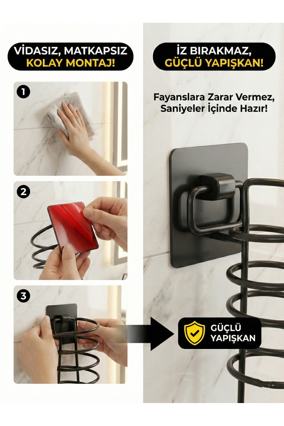 Yapışkanlı Siyah Saç Kurutma Makinesi Askısı - Delmeden Montaj Ka
