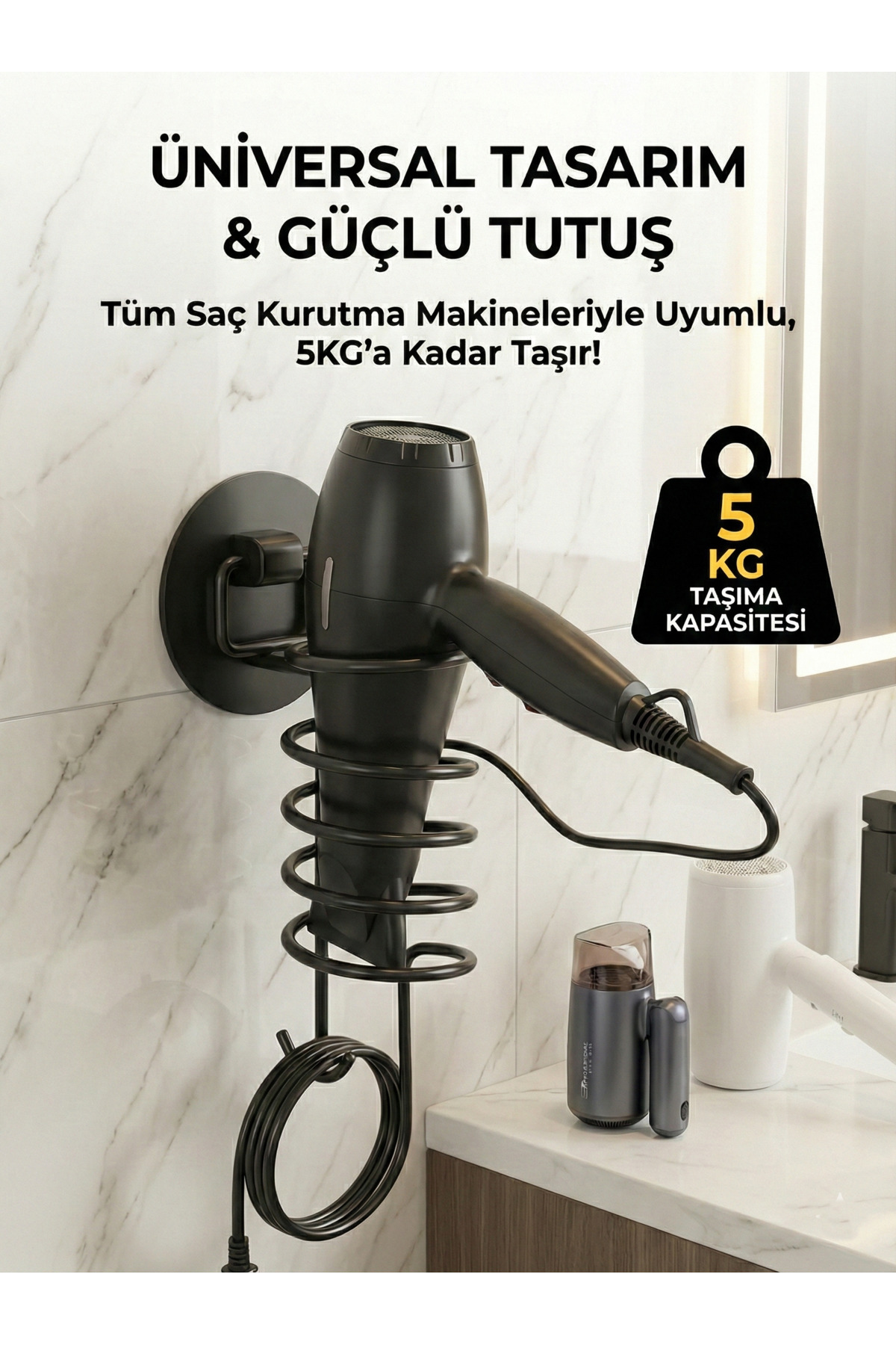 Yapışkanlı Siyah Saç Kurutma Makinesi Askısı - Delmeden Montaj Ka