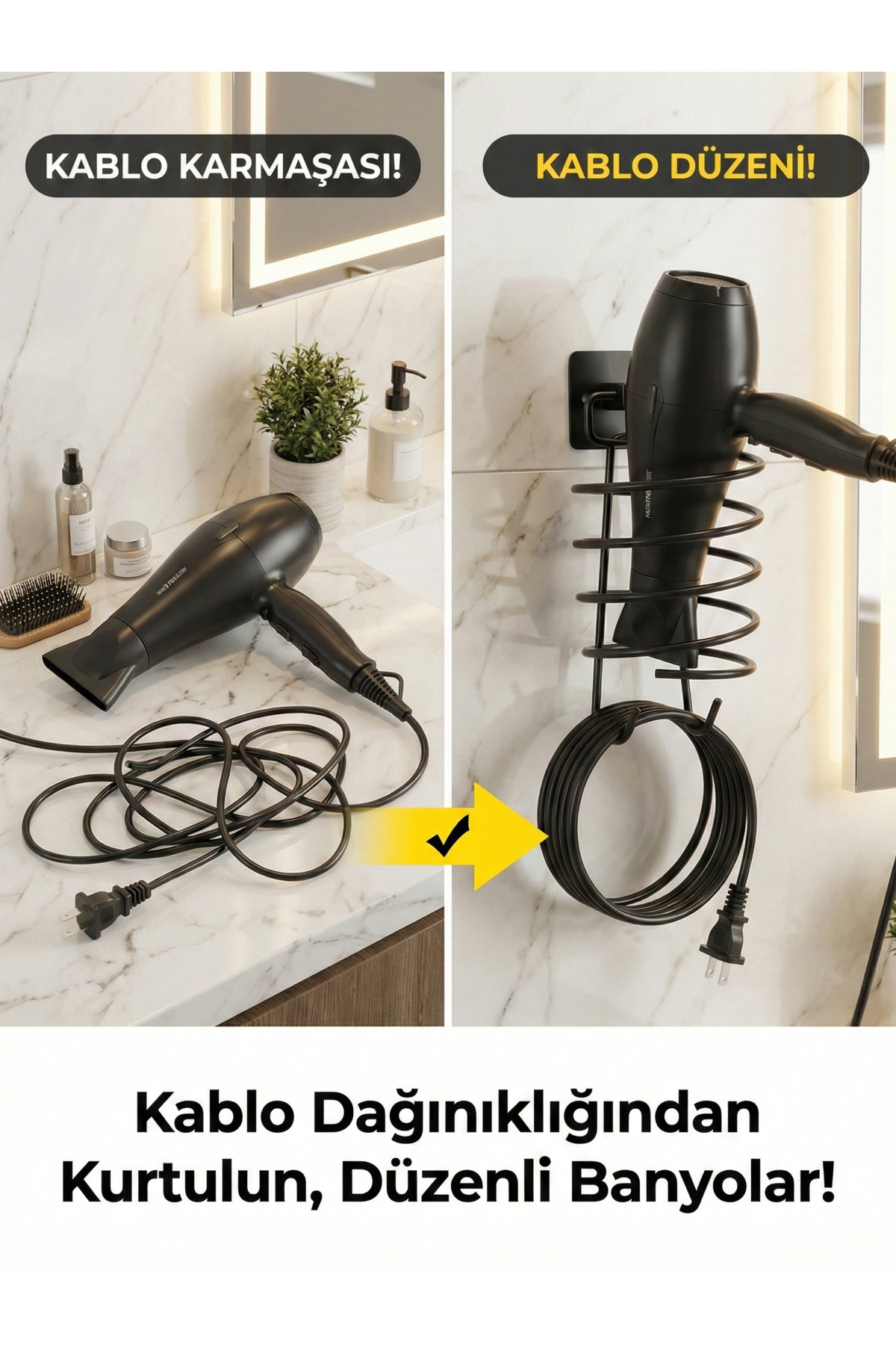 Yapışkanlı Siyah Saç Kurutma Makinesi Askısı - Delmeden Montaj Ka