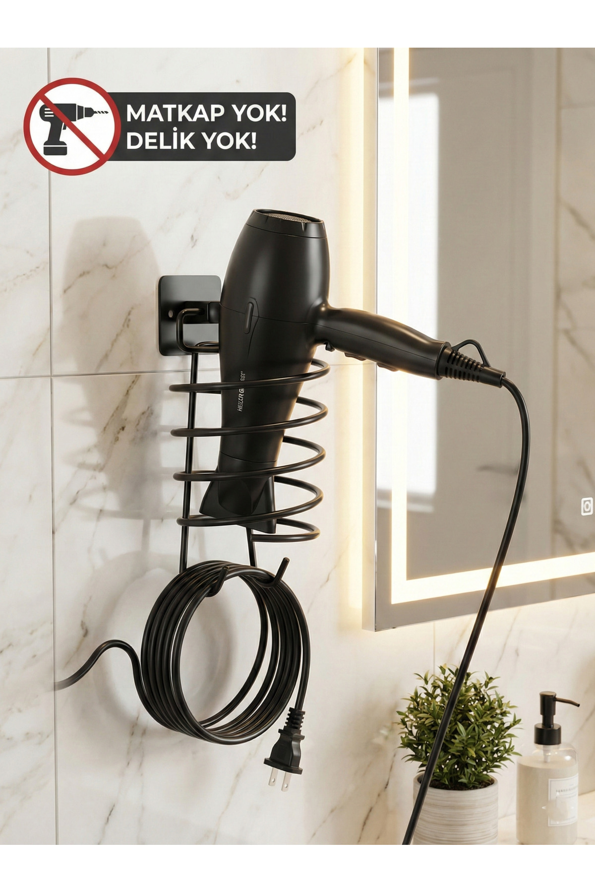 Yapışkanlı Siyah Saç Kurutma Makinesi Askısı - Delmeden Montaj Ka