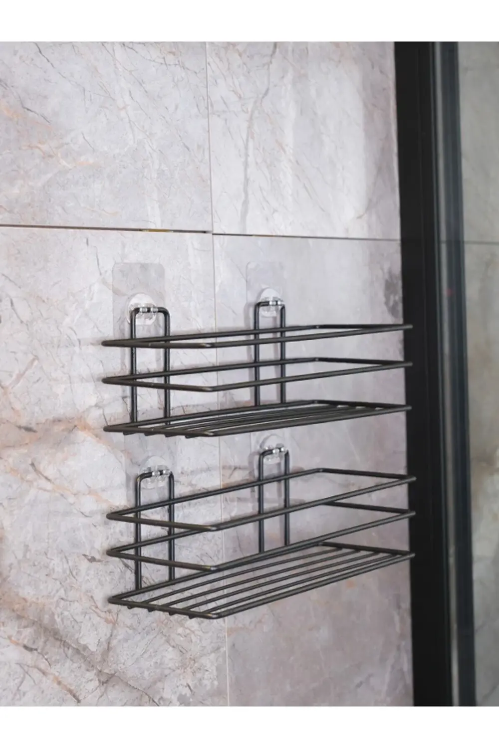 Yapışkanlı Siyah Tekli Çok Amaçlı Banyo / Mutfak Rafı 2 Adet