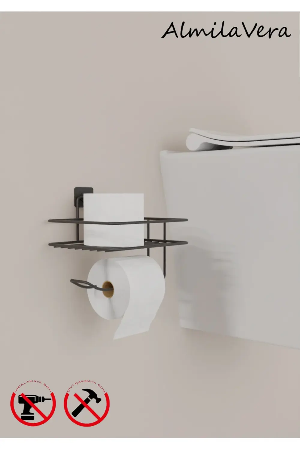 Yapışkanlı Siyah Tuvalet Kağıtlığı Askısı Yedekli Tuvalet Kağıtlı