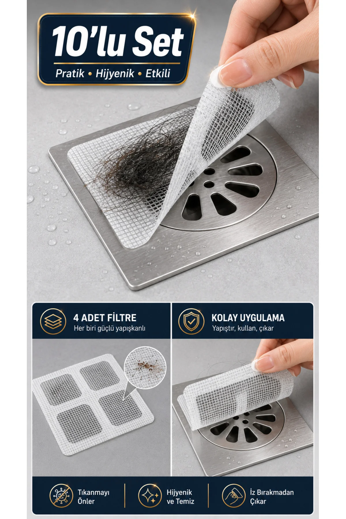 Yapışkanlı Tel Gider Süzgeci 10’lu Set 10x10 cm – Saç, Kıl ve Atık Tutucu Kesilebilir Banyo Duş Lavabo Gider Kapatıcı File
