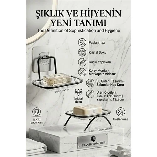 Yapışkanlı ve Ayaklı Sabunluk Seti – Su Giderli, Katı Sabun Kutus