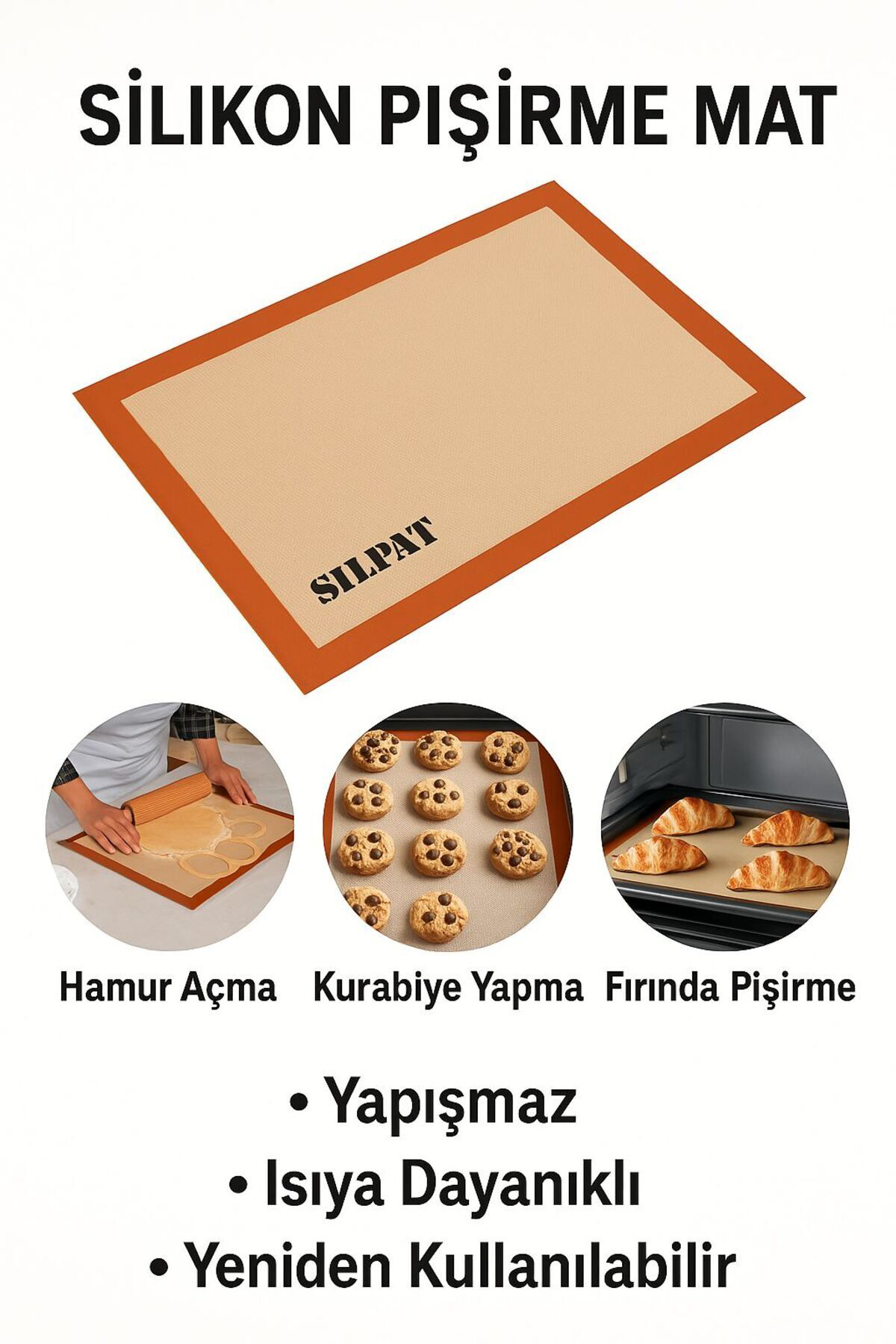 Yapışmaz Silikon Pişirme Matı – Hamur Açma, Kurabiye ve Fırın İçi
