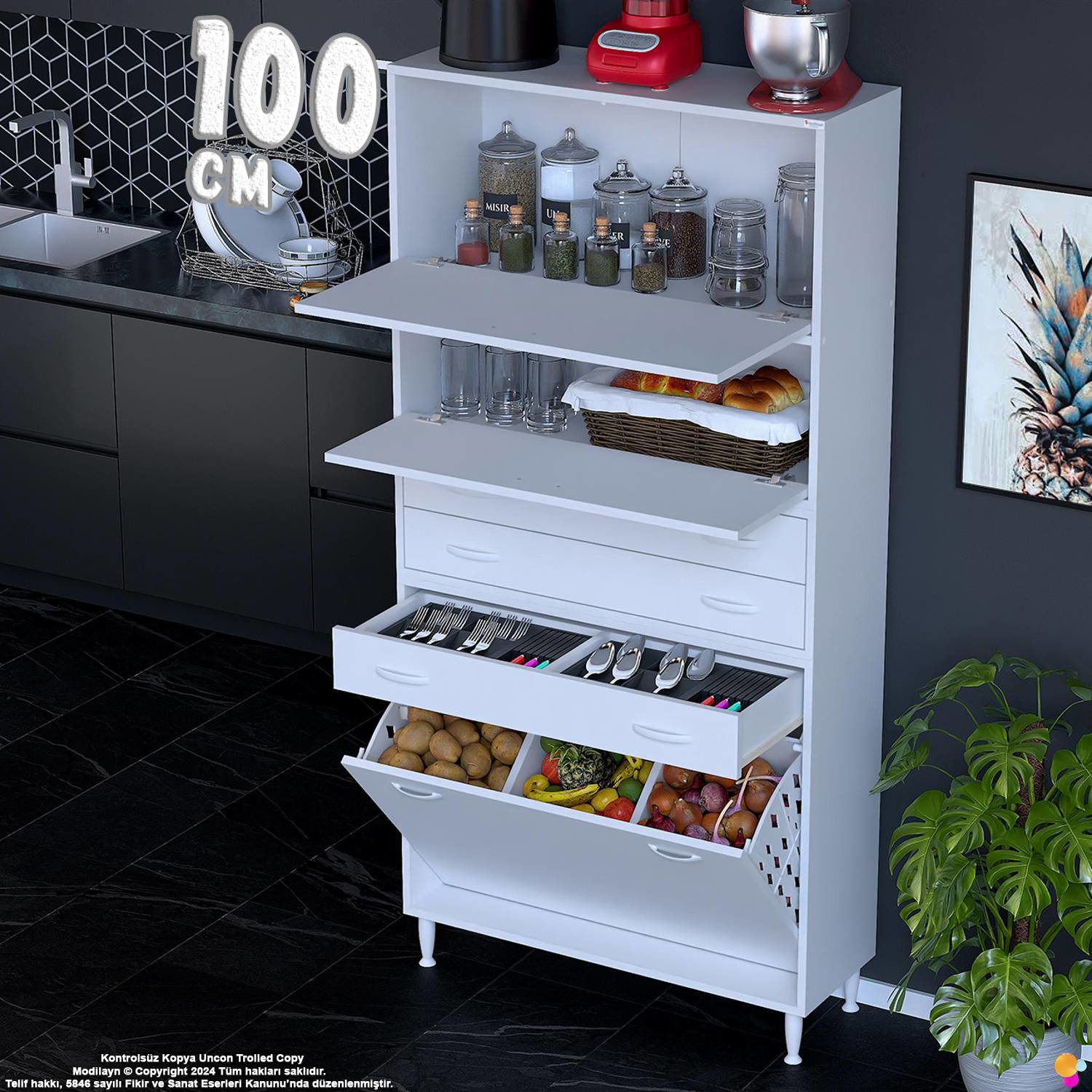 Yaren 100 cm Erzak Dolabı 2 Kapaklı 3 Çekmeceli Sepetli Çok Amaçl Yaren 100 cm Erzak Dolabı 2 Kapaklı 3 Çekmeceli Sepetli Çok Amaçl
