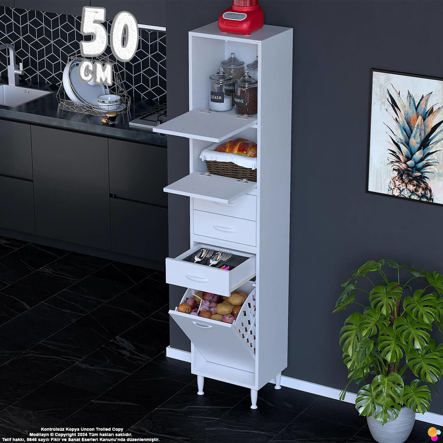 Yaren 50 cm Erzak Dolabı 2 Kapaklı 3 Çekmeceli Sepetli Çok Amaçlı Yaren 50 cm Erzak Dolabı 2 Kapaklı 3 Çekmeceli Sepetli Çok Amaçlı