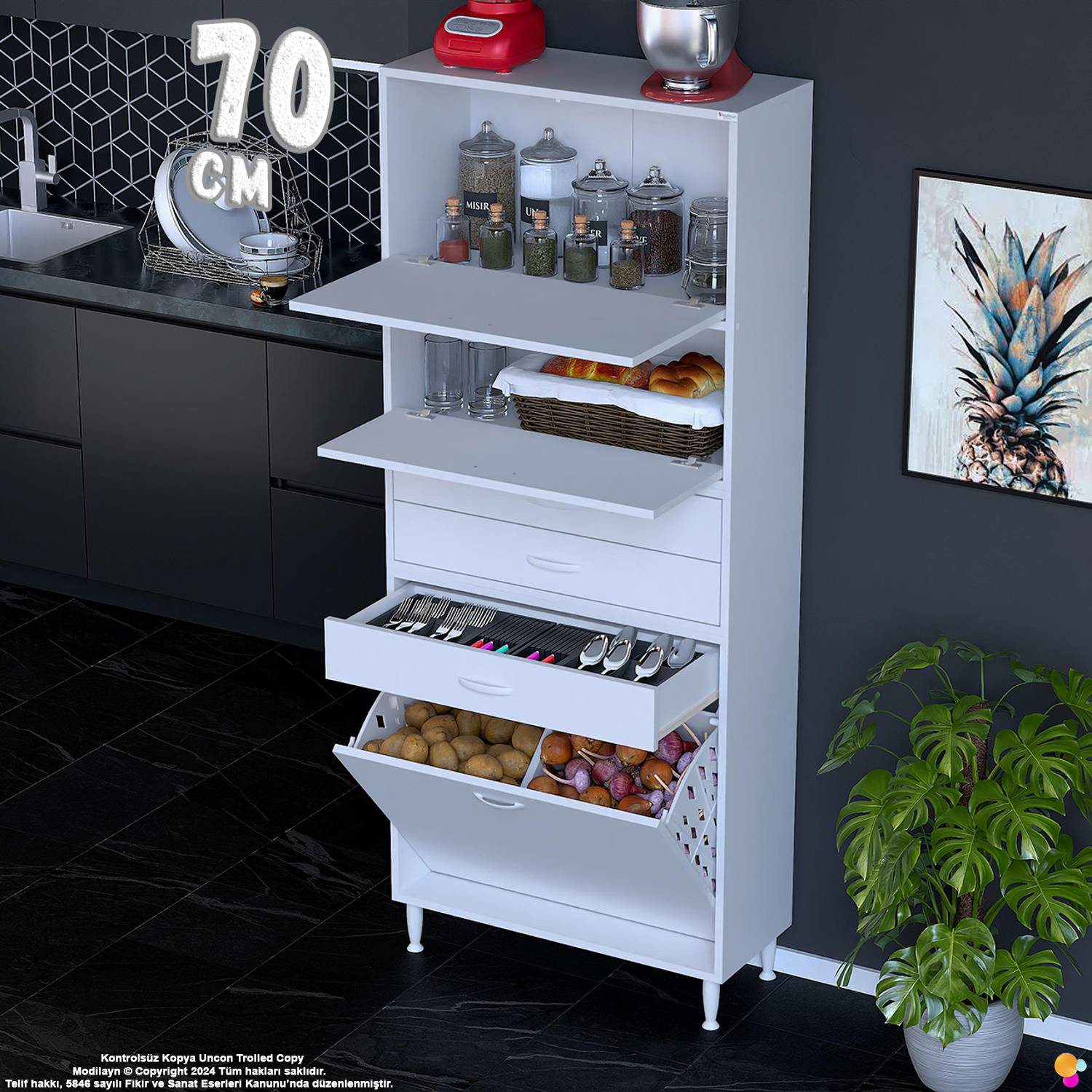 Yaren 70 cm Erzak Dolabı 2 Kapaklı 3 Çekmeceli Sepetli Çok Amaçlı Yaren 70 cm Erzak Dolabı 2 Kapaklı 3 Çekmeceli Sepetli Çok Amaçlı