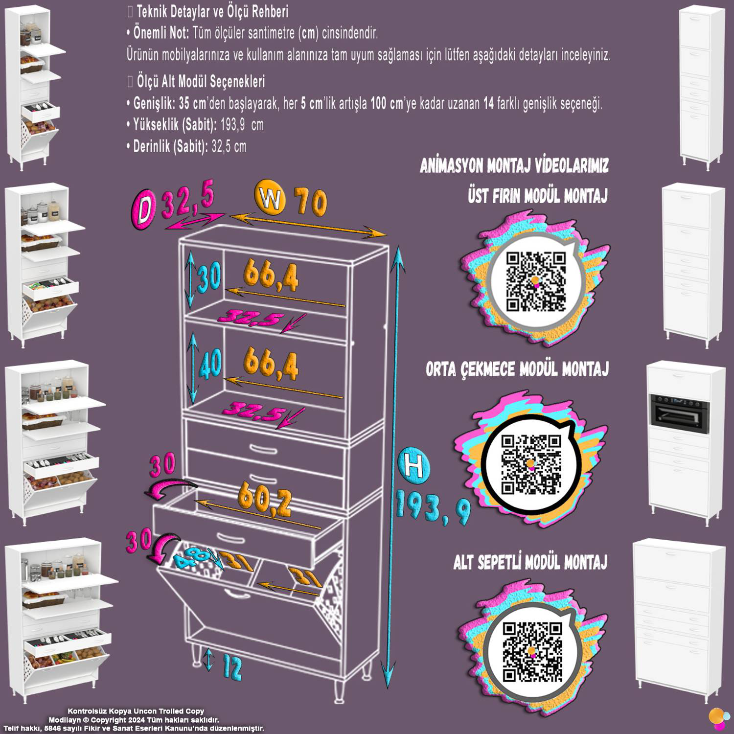 Yaren 70 cm Erzak Dolabı 2 Kapaklı 3 Çekmeceli Sepetli Çok Amaçlı Yaren 70 cm Erzak Dolabı 2 Kapaklı 3 Çekmeceli Sepetli Çok Amaçlı - Görsel 2