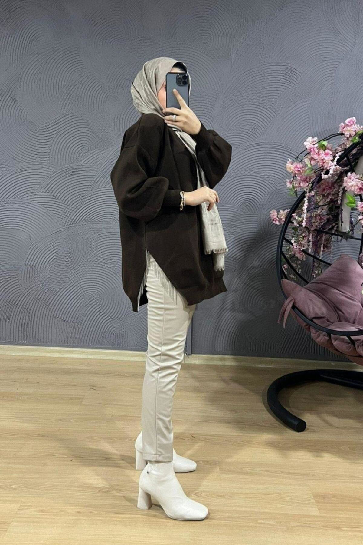 Şule Giyim Yarı Zincirli Triko Kazak Kahverengi