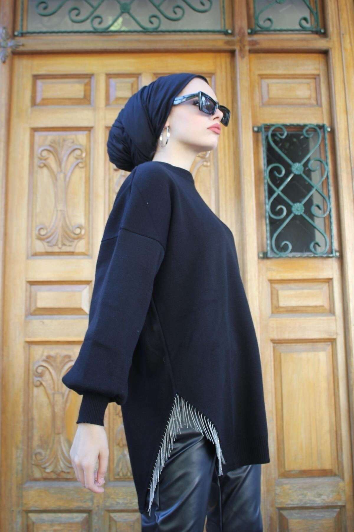 Şule Giyim Yarı Zincirli Triko Tunik Siyah