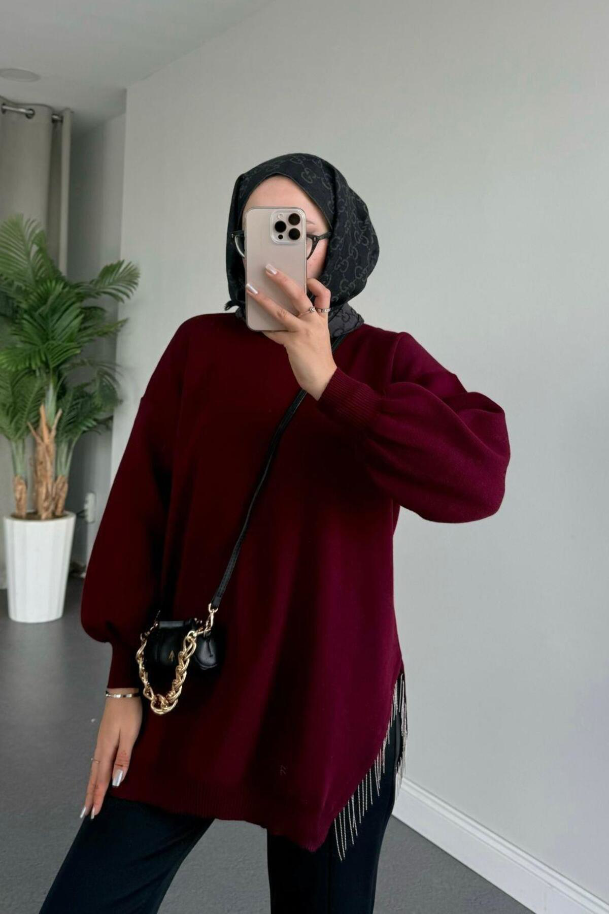 Şule Giyim Yarı Zincirli Triko Kazak Bordo