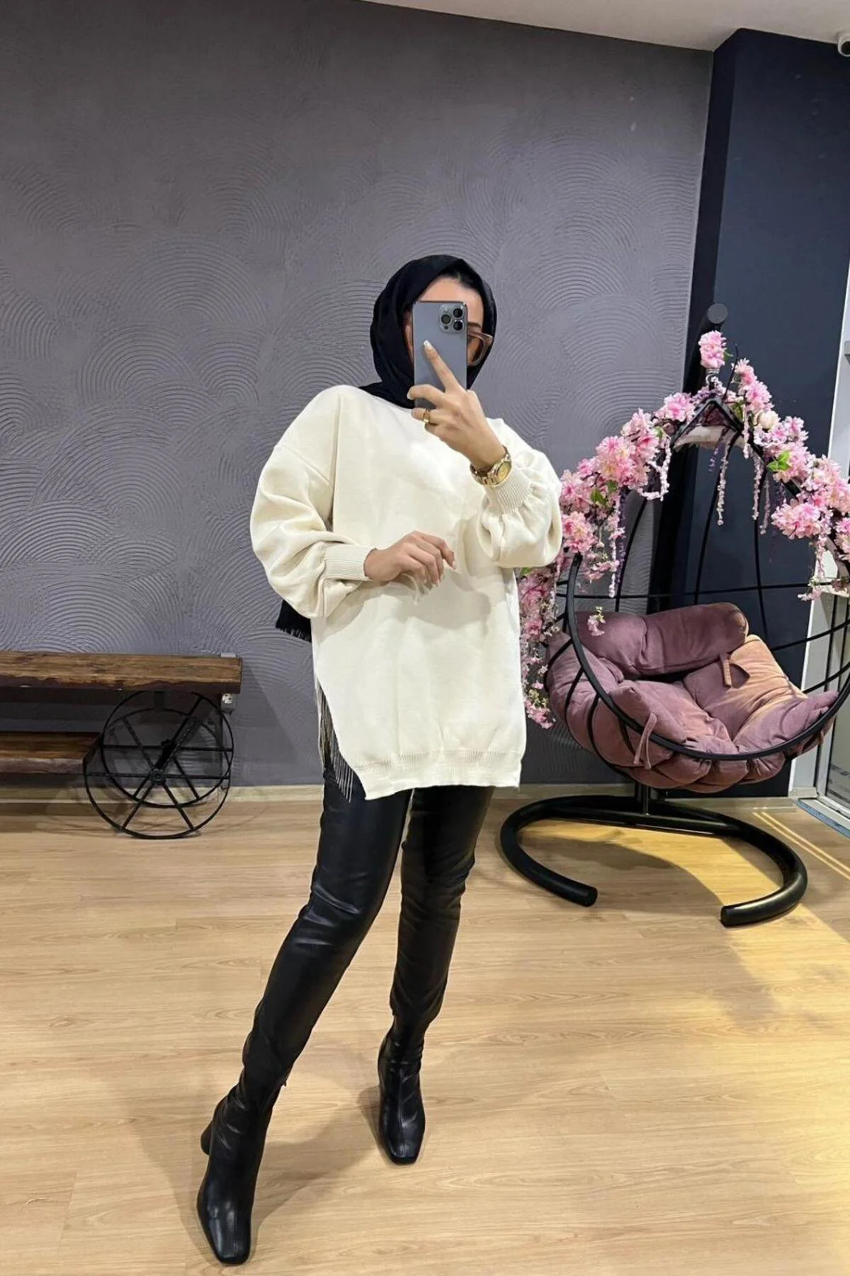 Yarı Zincirli Triko Kazak Beyaz